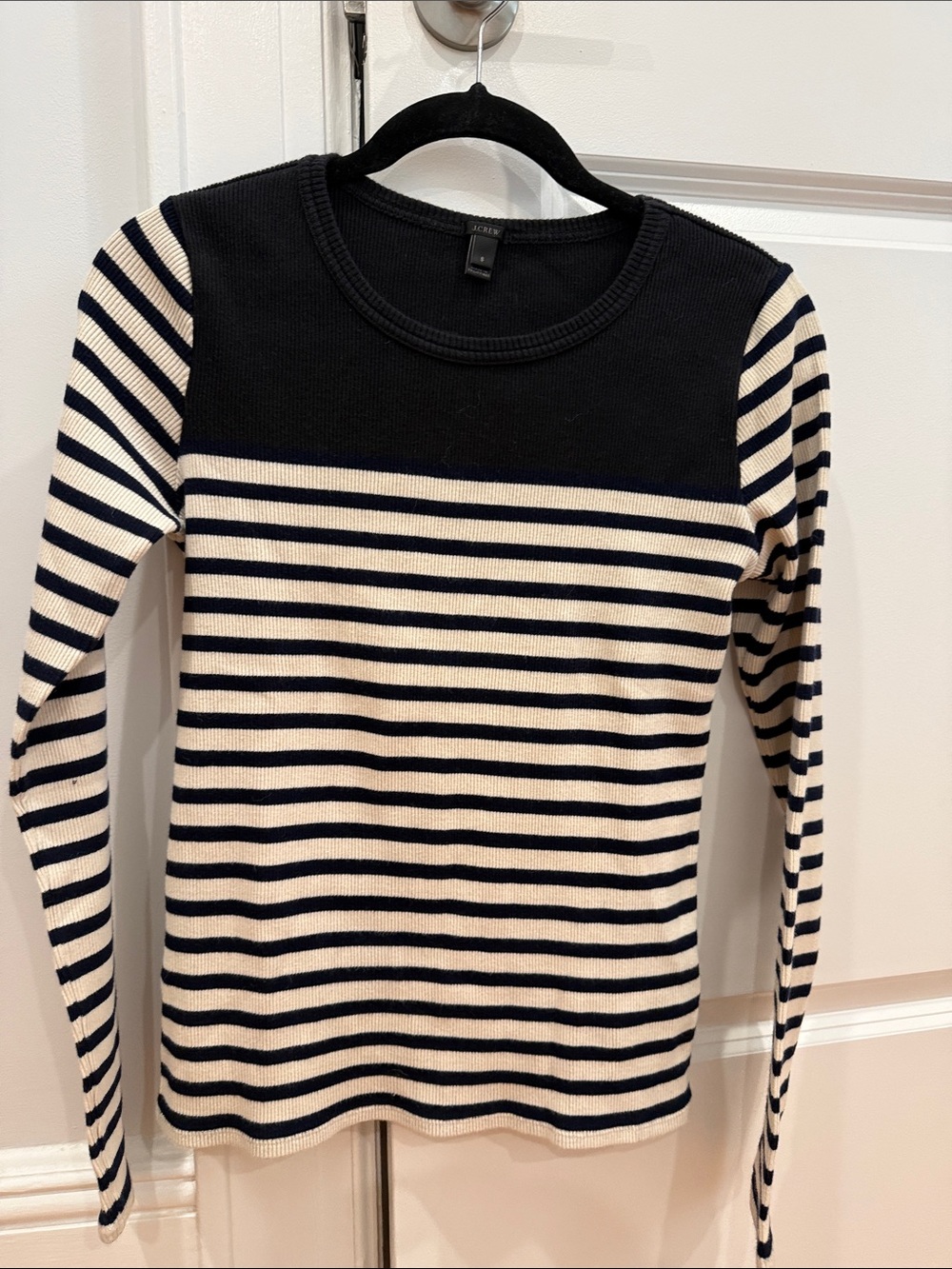 J. Crew Black and Cream Striped Crewneck Sweater